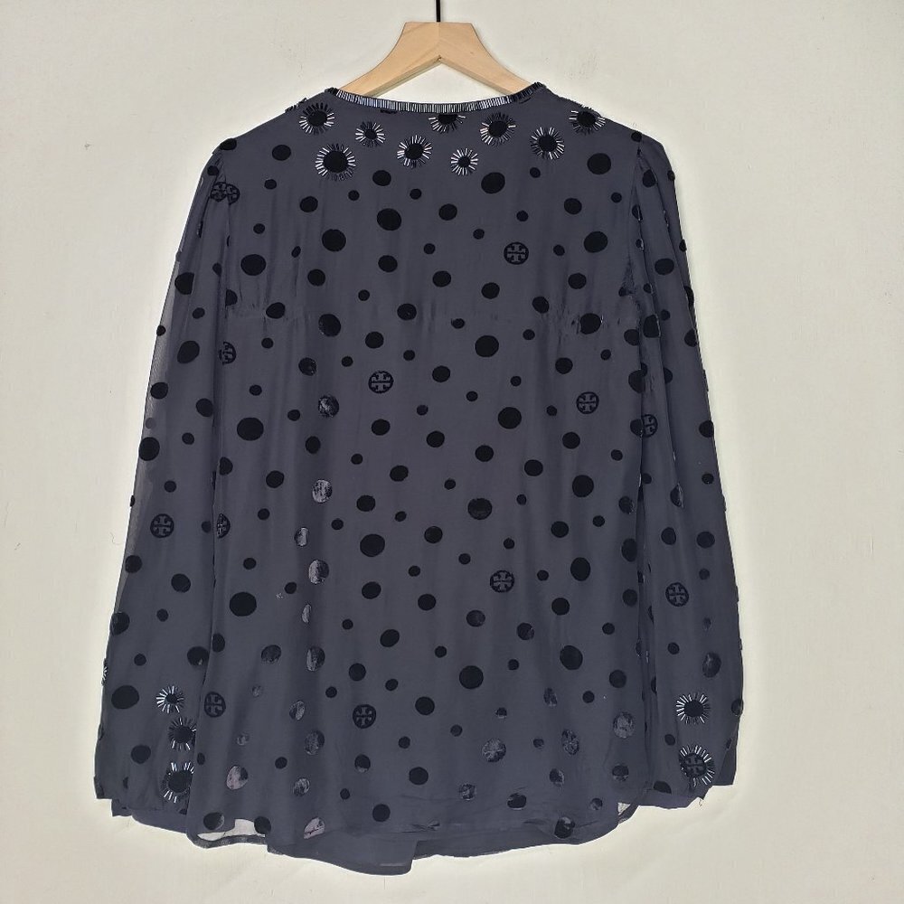 Tory Burch Angela Beaded Velvet Dot Sheer Blouse Long Sleeve Lined 8 - FLAWED - Picture 10 of 16